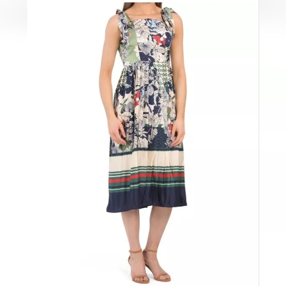 Dalia Macphee Floral Pleated Tie Shoulder Midi Dress Medium - Picture 2 of 8